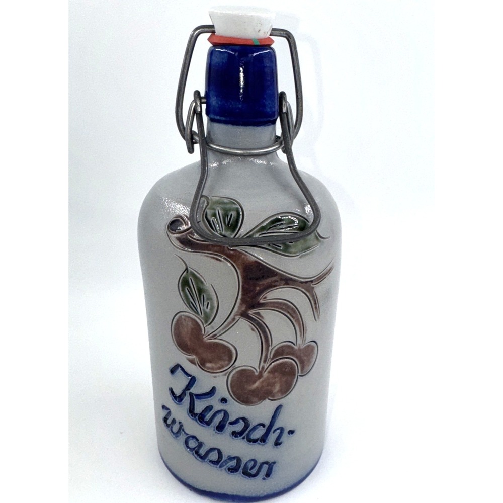 German Stoneware Kirschwasser Bottle Cherry Design Swing Top 8.5"T Blue Gray VTG